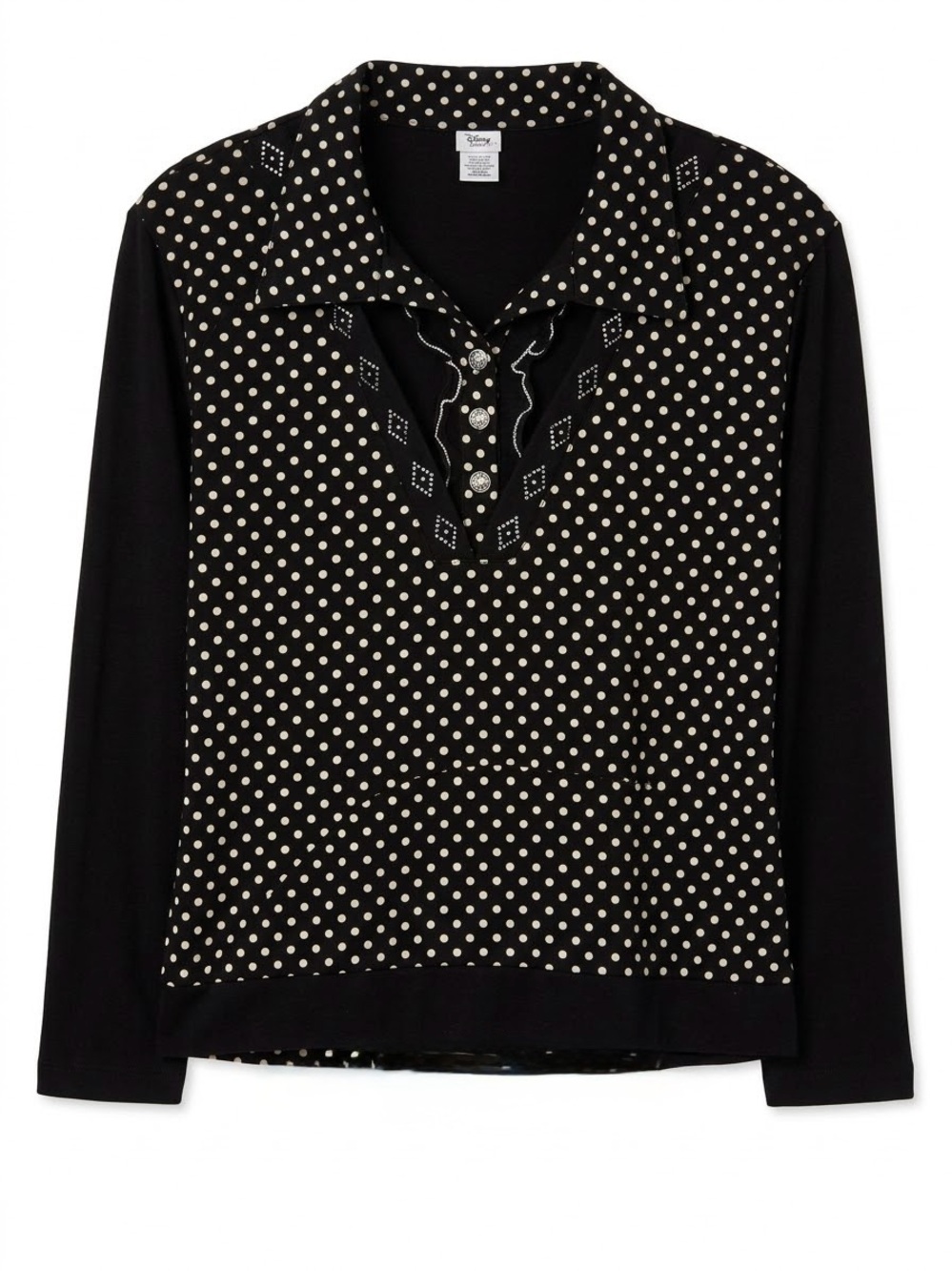 Polka Dot Rhinestone Long Sleeve Top Black & White Size Medium